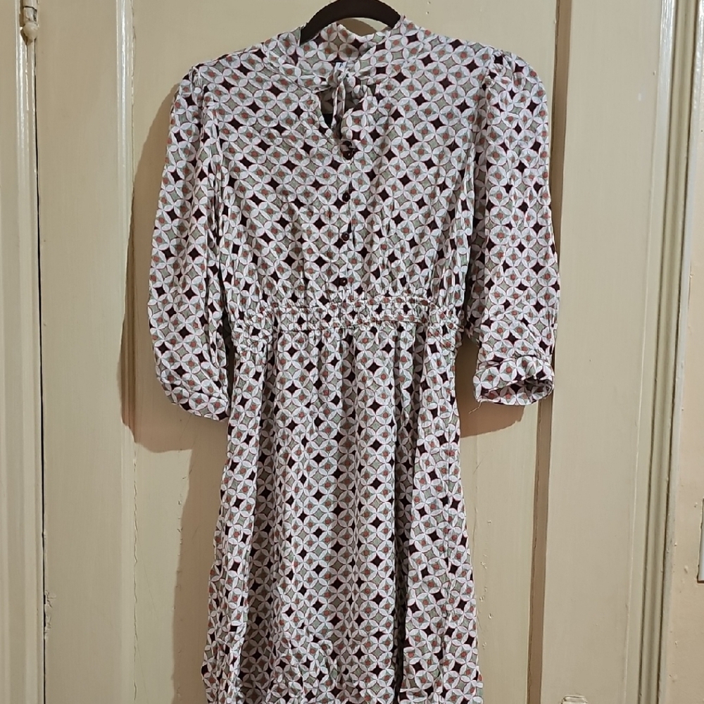 Cream Mini Sundress with 3/4 Bishop Sleeves and Mandarin Collar